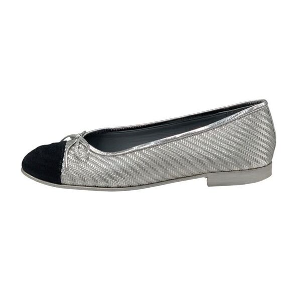 Chanel Flat Shoes Leather Fabric Silver Black Ballet Shoes Coco